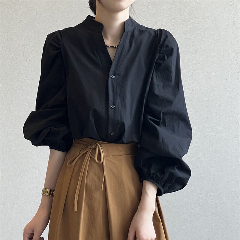 French-Style Stand-Up Collar Long-Sleeved Shirt for Women 2026 Spring & Fall New Style Pleated Puff-Sleeved Babydoll Shirt Chic Style Top