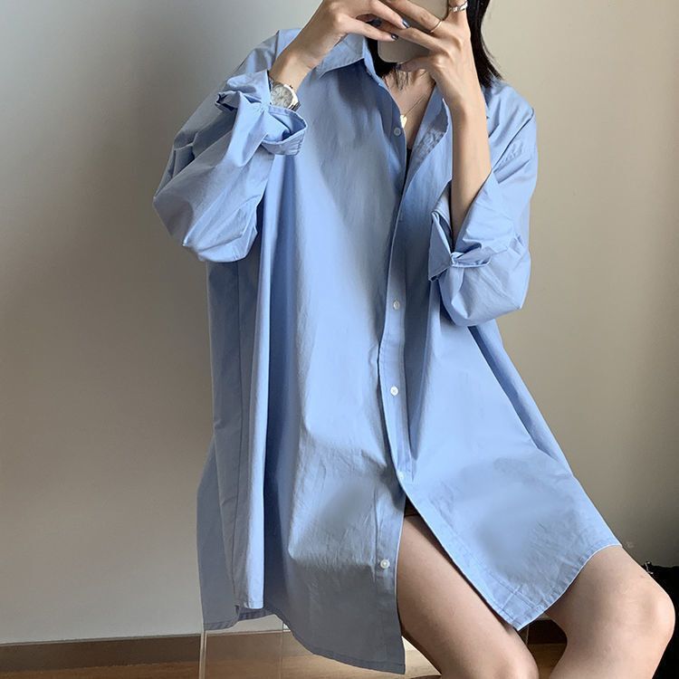 Mid-length Shirt Women's Autumn Long-sleeved Loose Casual White Shirt Boyfriend Style Top Design Sense Lower Body Missing