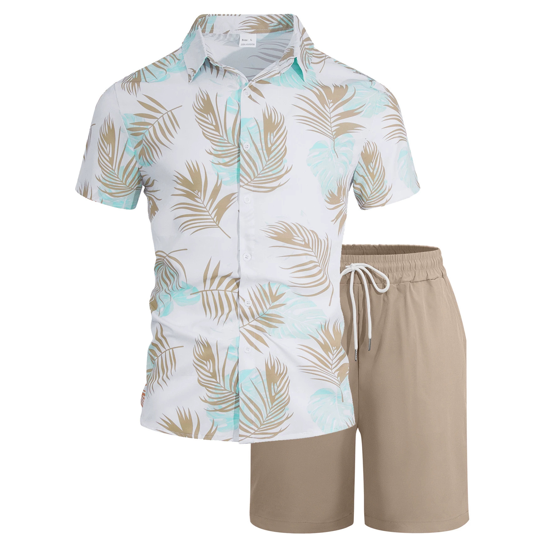 Transfronterizo amazónico hombre con solapa tropical hoja impresa camiseta pantalones cortos set de playa de vacaciones casuales set de dos piezas