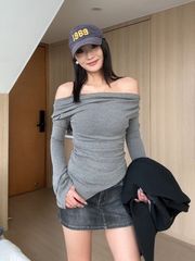 純欲性感長袖一字肩上衣女秋冬新款不規則設計修身顯瘦內搭打底衫