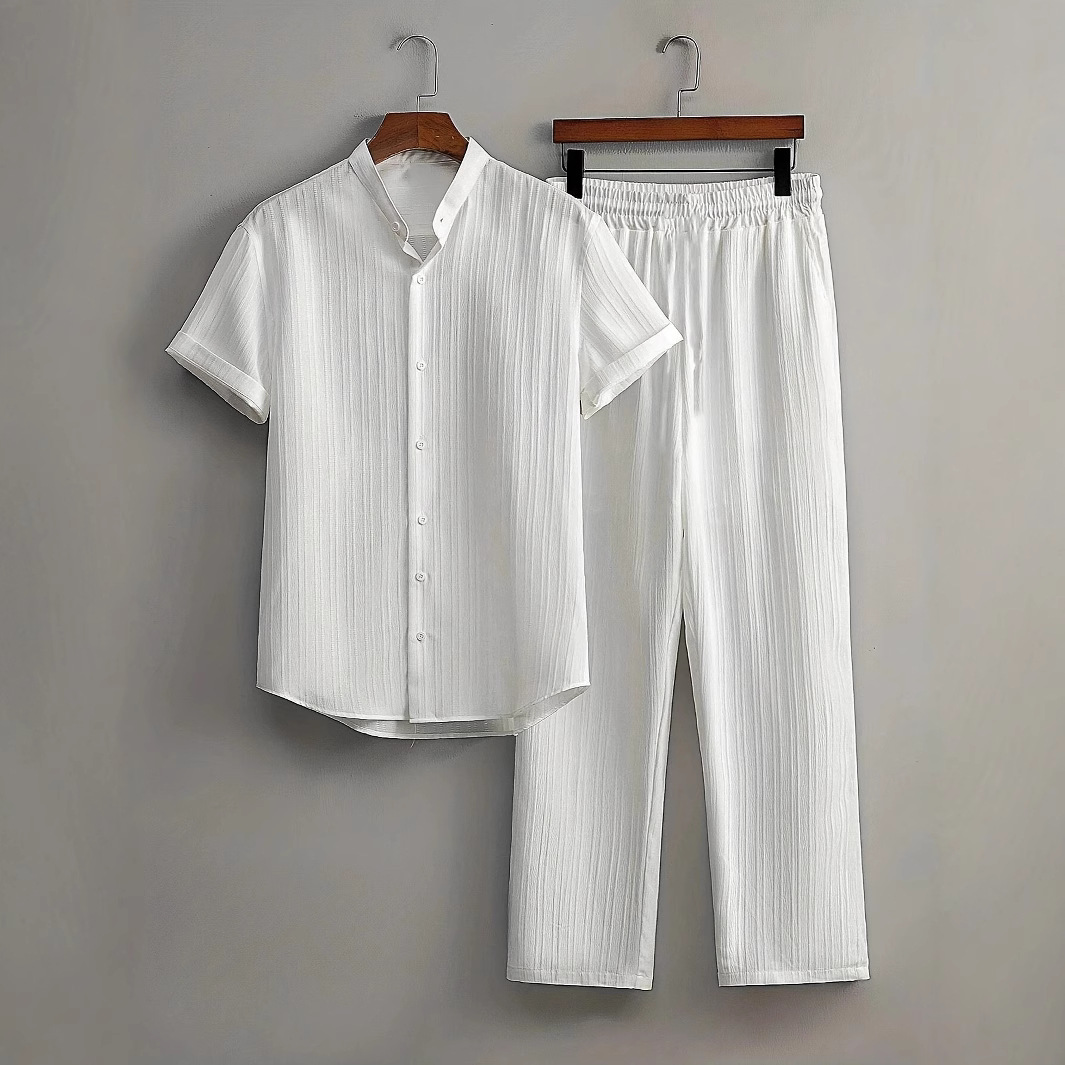 Lässiges Herren-Strandhemd-Set in Unifarben, Kurzarm-Baumwollmischung, knitterfreie Hose, mehrfarbiges Bambusgewebe_voghion.com
