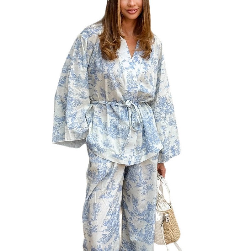 秋季新品女式家居服睡衣印花绑带长袖长裤套装宽松舒适欧美可外穿|undefined
