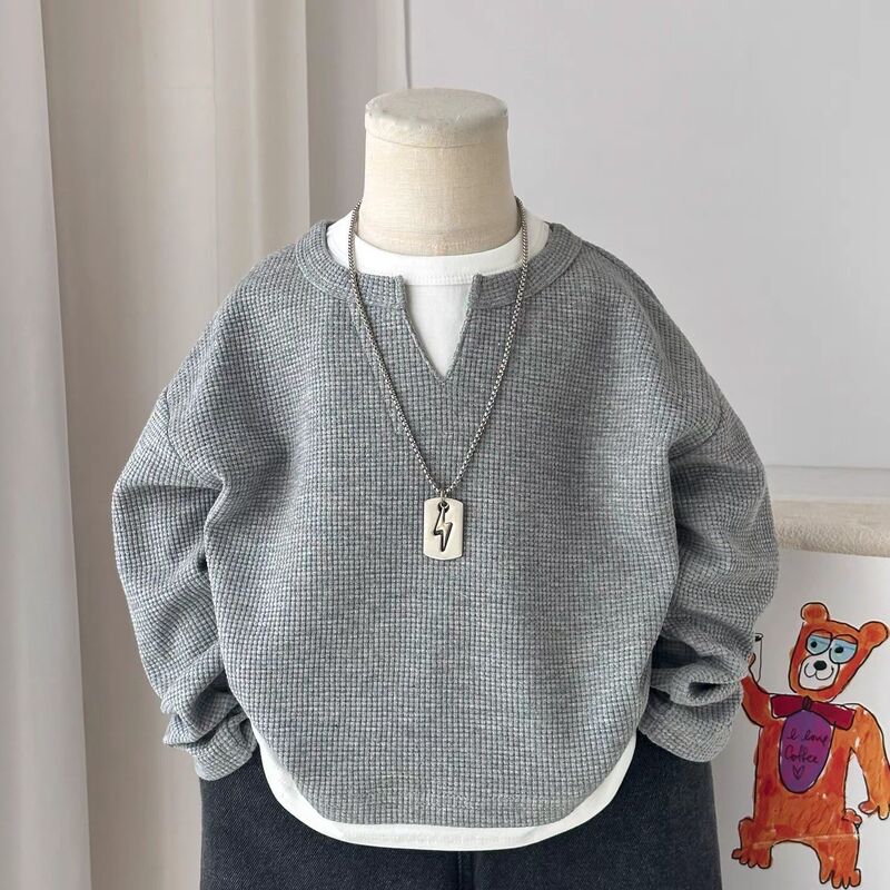 Children's Sweatshirt 2025 Spring & Fall New Korean Style Boys' Autumn Clothing Waffle Fake Two-Piece Sweatshirt Baby Versatile Top