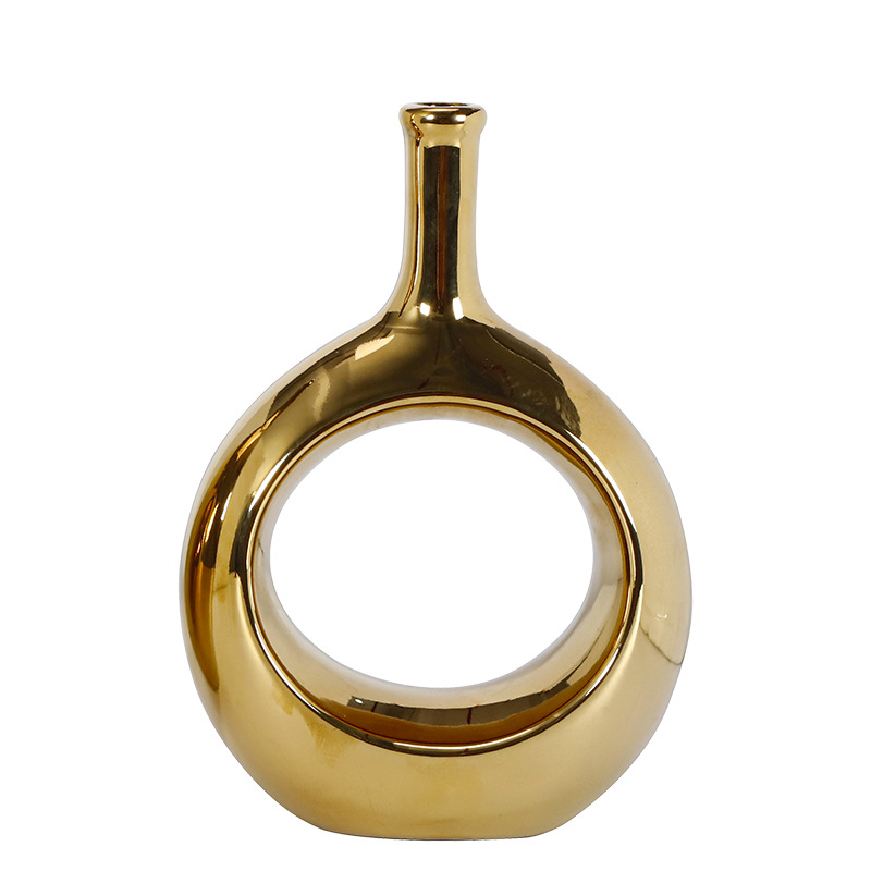 Jarrón de cerámica hueco para flores secas, circular, galvanizado, para exportación, hotel, oficina, hogar, adorno artesanal, arreglo floral, venta al por mayor, arte floral.