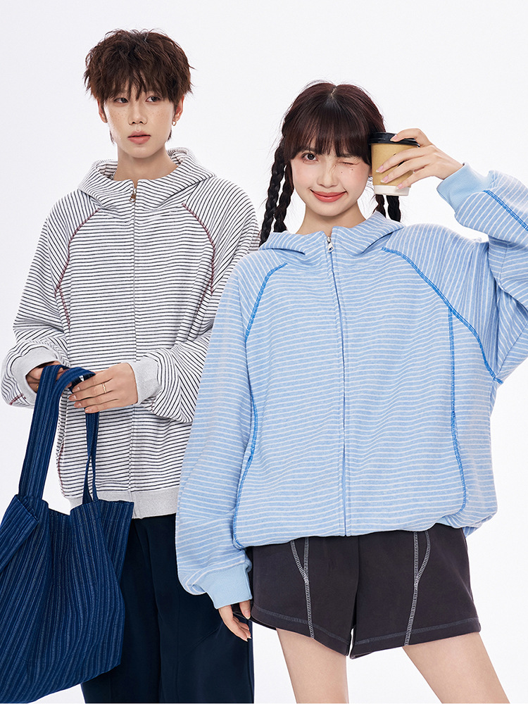 Korean-style Hasselblad striped hooded sweatshirt for women, new autumn collection, petite size, retro cardigan, sporty style outerwear