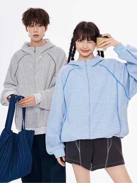 Korean-style Hasselblad striped hooded sweatshirt for women, new autumn collection, petite size, retro cardigan, sporty style outerwear