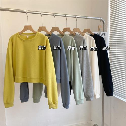  new autumn Korean style soft and lazy style loose solid color round neck pullover versatile high waist short sweatshirt for women