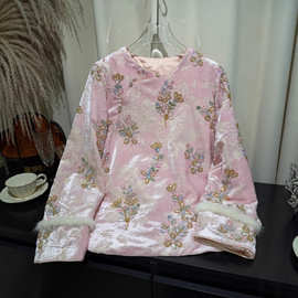 冬季新丝绒棉服拼接水貂毛毛边舒适保暖复古新中式国风圆领外套女