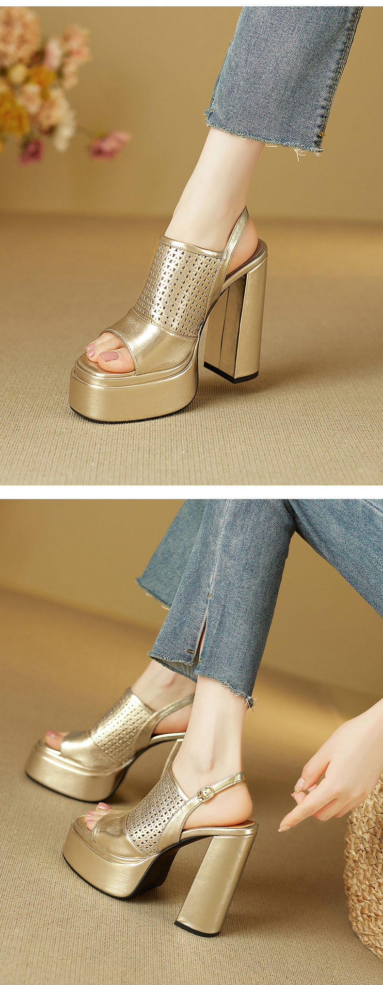 Sandal cao gót nữ da thật gót vuông đế rỗng hở mũi quai ngang — Màu đỏ rượu chi tiết 7