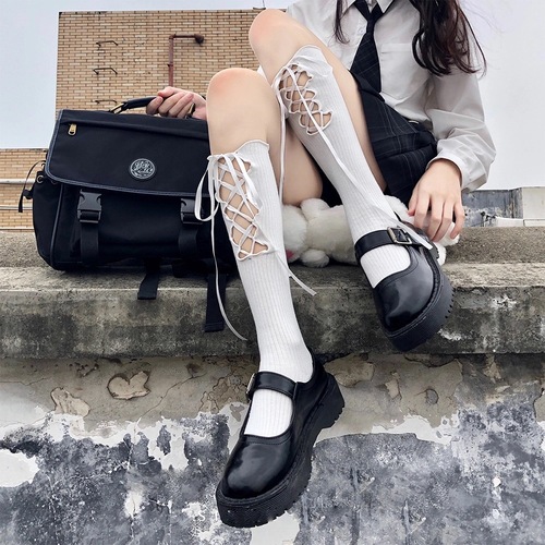 Japanese lolita personality solid color cross hollow calf socks female jk college style Lolita trendy soft girl versatile