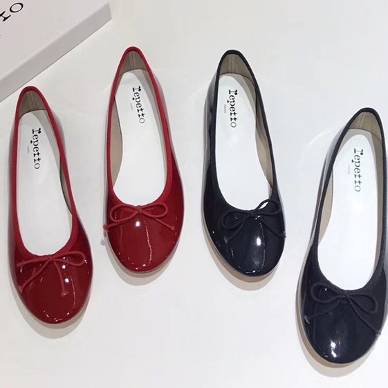 Retro low ballet shoes with bow low-cut flat made of patent leather