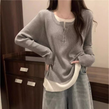 大码女装秋新款胖mm宽松显瘦假两件长袖内搭打底衫t恤