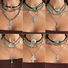 欧美跨境叠戴复古仿松石串珠西部牛仔民族仙人掌牛头吊坠项链饰品