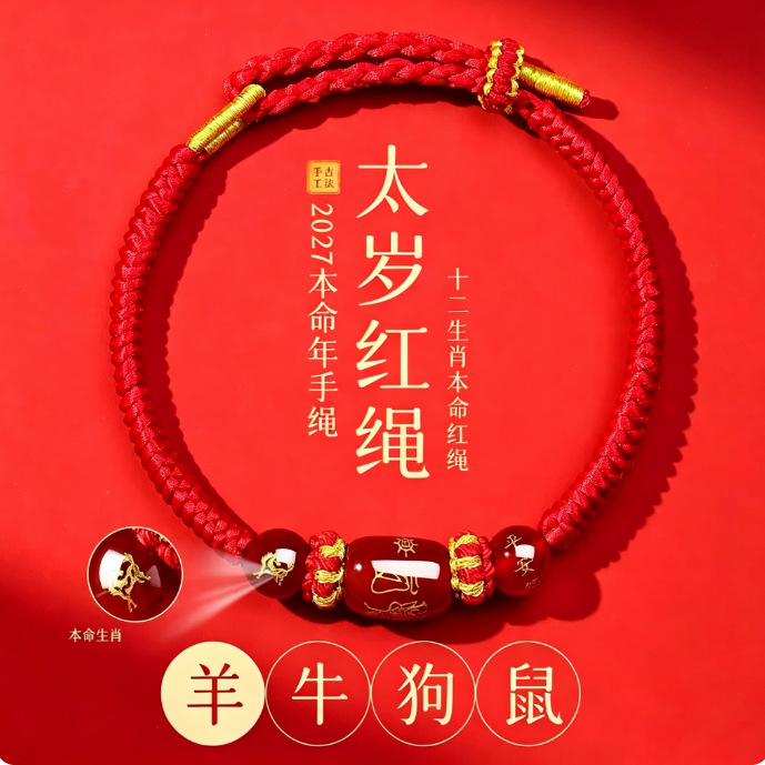 2027 Year of the Sheep, Tai Sui Red String Bracelet for Men and Women, Braided Bracelet, Amulet for the Twelve Zodiac Signs