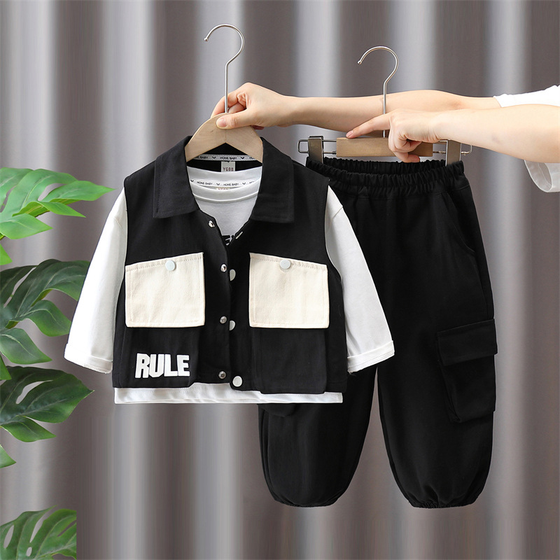 5876 Traje de otoño para niños 2025 Nuevo estilo primavera y otoño Chaleco para niños Ropa de trabajo Traje de tres piezas para niños y bebés