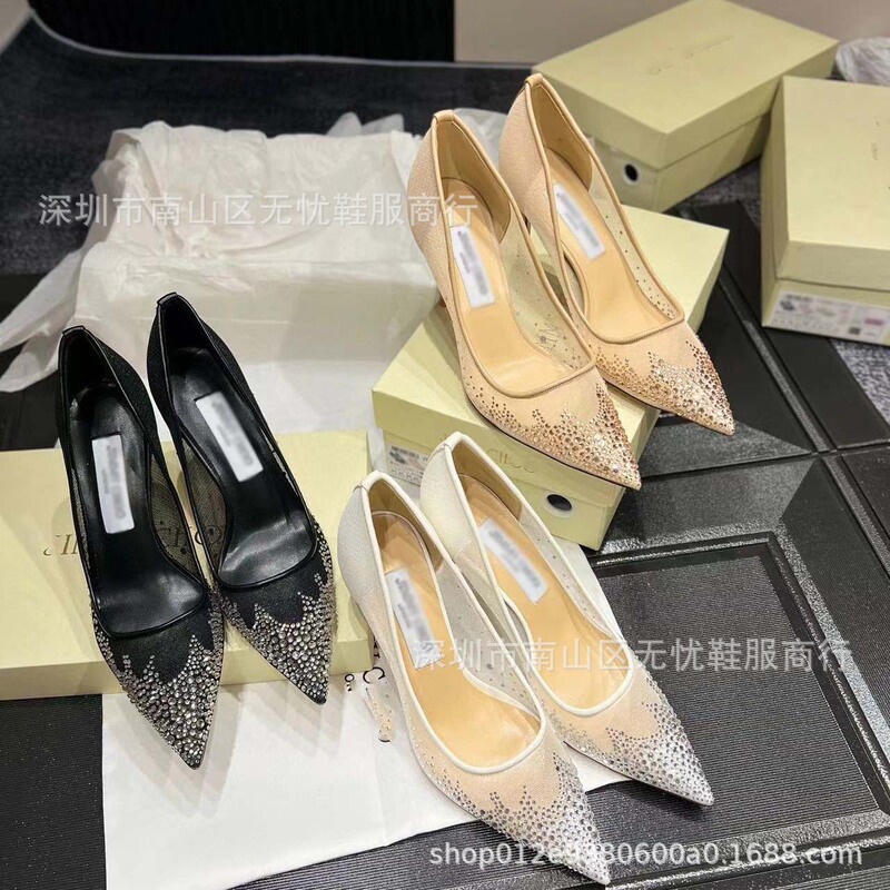 High Edition JC Women's Shoes Mesh Wedding Shoes Shallow Mouth Stiletto Heels Pointed Flat Bottom Rhinestone Fairy Style Bridesmaid Shoes Single Shoes