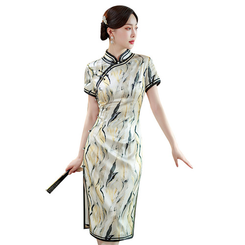 Blue striped mulberry silk qipao retro chinese dress for women young female elegant temperament of high-grade real silk long  dresses