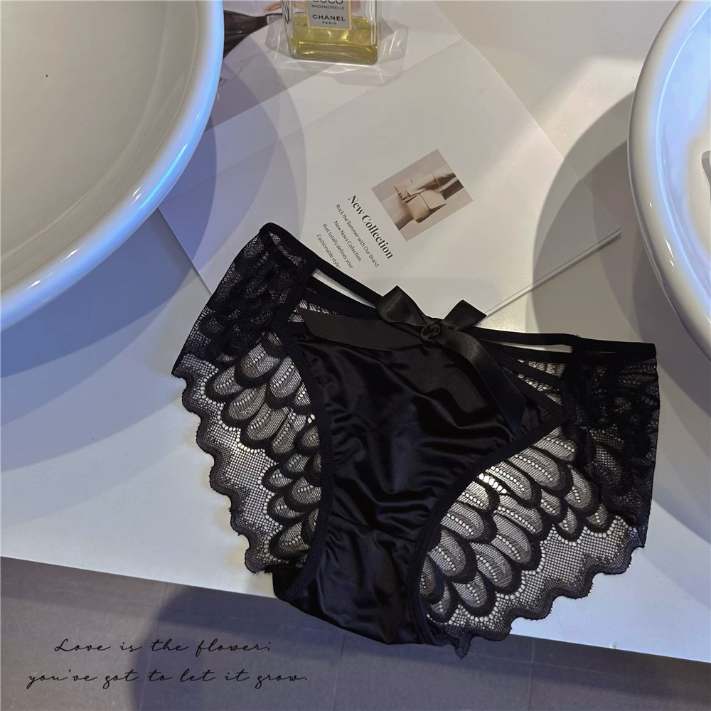 Японский стиль женские трусы Lace, хлопковая смесь, средняя талия с декоративным бантом, дышащие