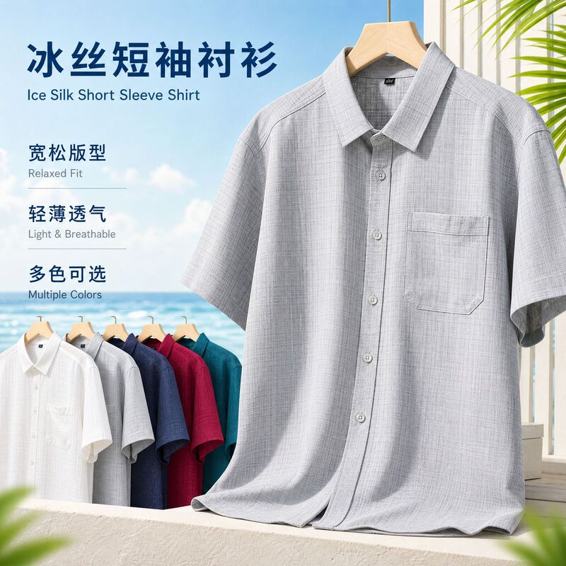 New Middle-Aged and Elderly Summer Clothes Thin Ice Silk Short-Sleeved Men's Loose Shirts Grandpa Tops Father Cardigan Wholesale