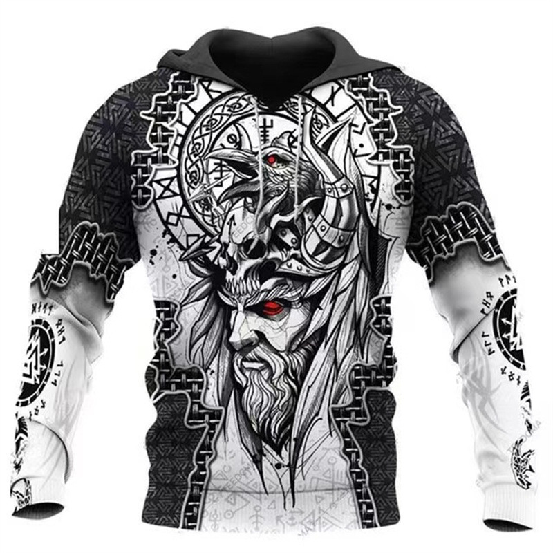 2024 Europa y América Primavera y otoño Moda nuevos hombres Viking Myth Series Cool Armor Print 3D Sudadera con capucha