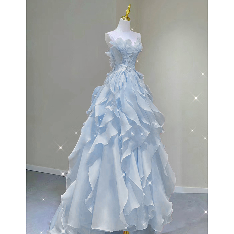 Blue Evening Dress 2026 Summer New Fairy-Style Strapless Trendy Banquet Host Graduation Adult Gown Blue Evening Dress 2026 Summer New Fairy-Style Strapless Trendy Banquet Host Graduation Adult Gown