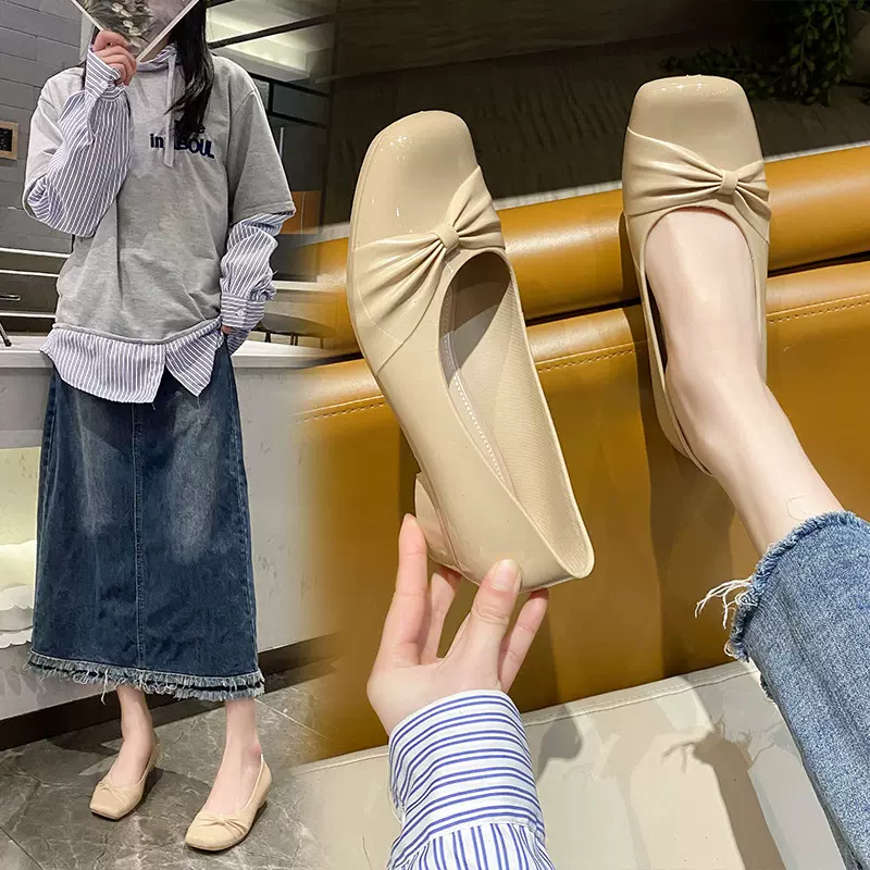 春季时尚单鞋女纯色甜美法式休闲懒人鞋套脚外穿浅口平底方头女鞋