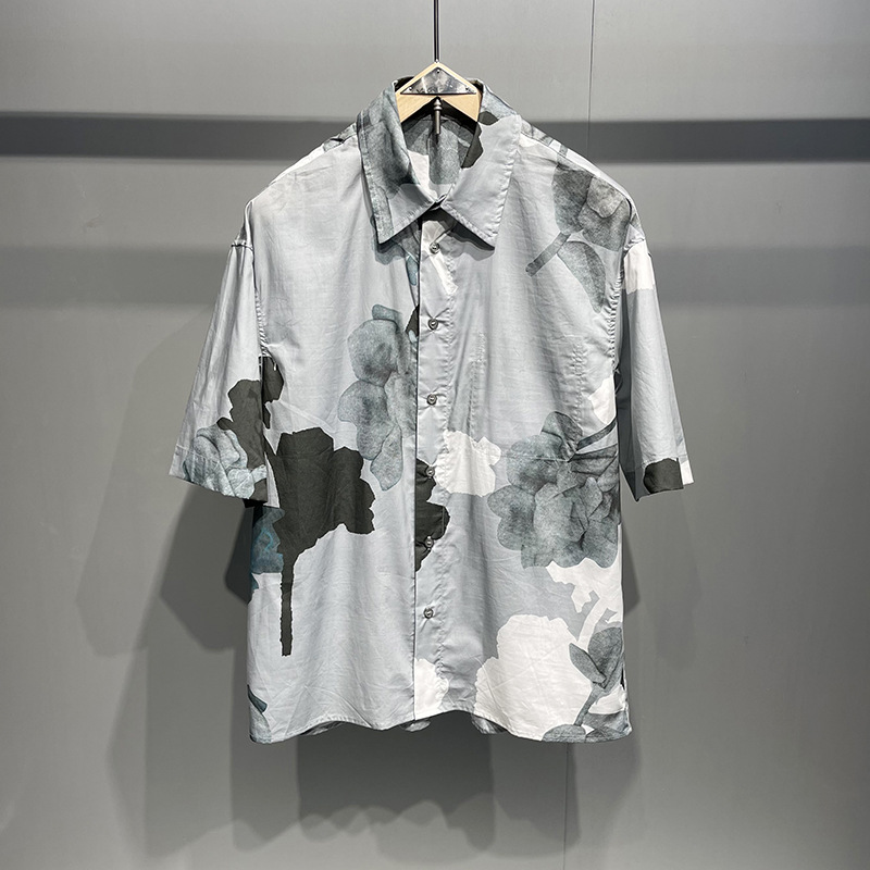 Short-Sleeved Shirt Men's High-End 2025 Summer Lapel Youth Casual Anti-Wrinkle Pomegranate Flower Print Shirt Jacket