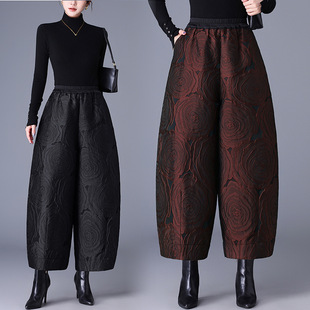 Real shot preferred floating jacquard wide leg pants women's autumn and winter new warm down cotton pants nine points bloomer pants boots pants women
