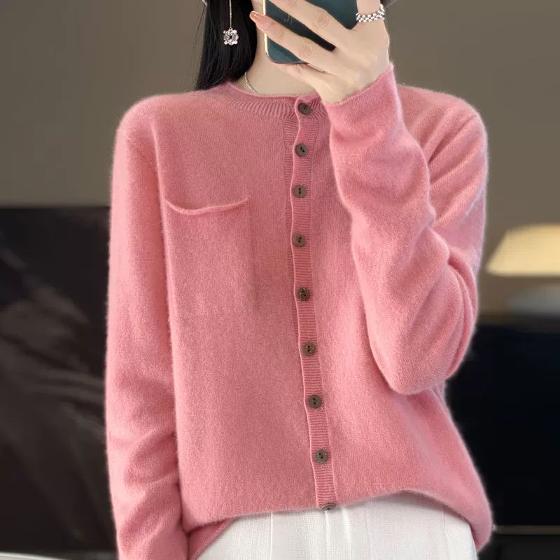 Woolen knitted sweater, cardigan, jacket, round collar, oversize