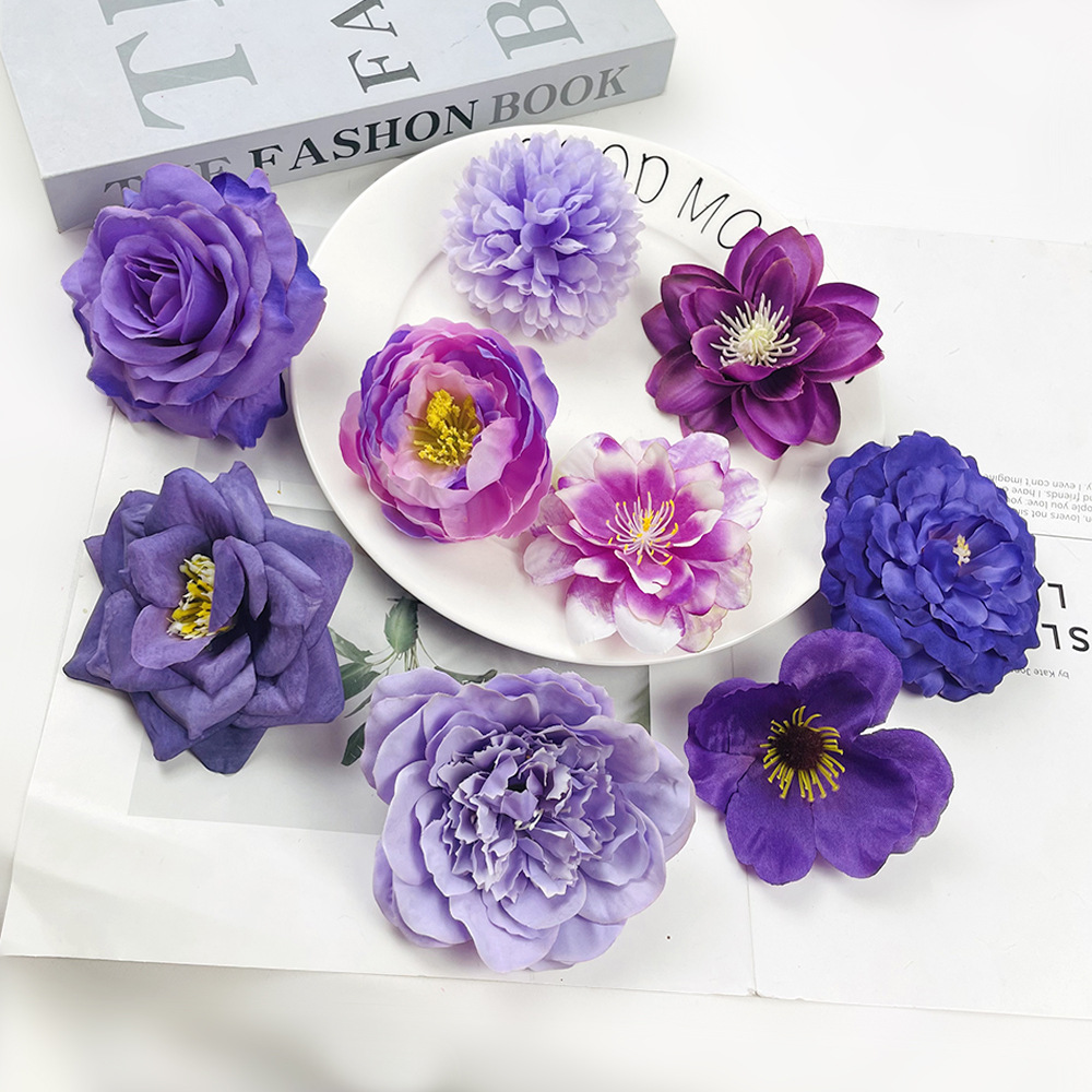 Cabeza de flor artificial púrpura al por mayor bricolaje hecho a mano tela de seda flor falsa horquilla accesorios para la cabeza accesorios decoración de salón de bodas