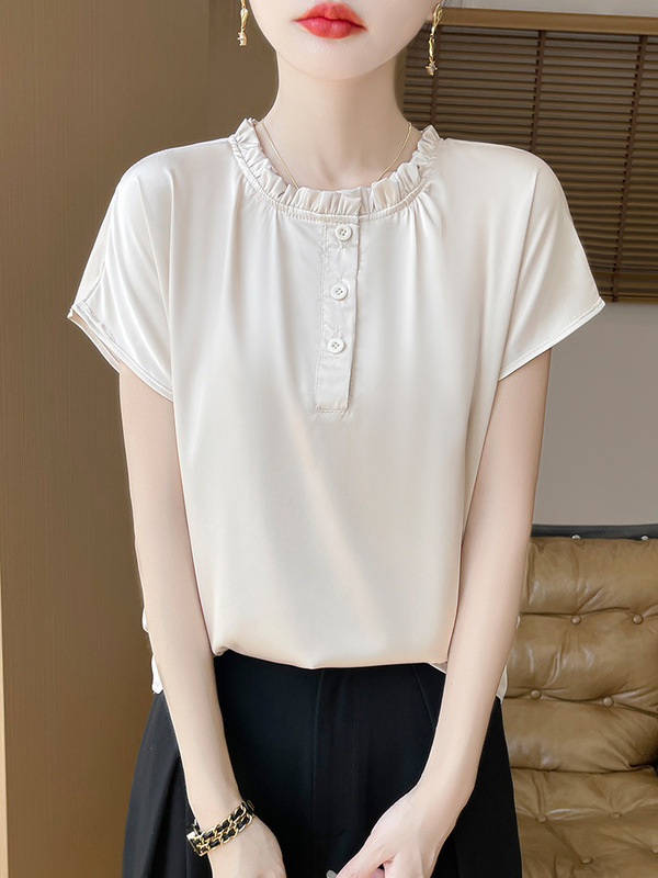 New Silk Satin Lace Round Neck Short-Sleeved Women's T-Shirt Silky Draped Short-Sleeved Top Women's High-End Small Flying Sleeve T-Shirt