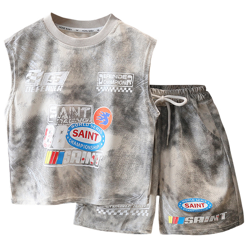 7493 Traje deportivo teñido anudado para niños Estilo de verano Chaleco sin mangas guapo Estilo occidental Ropa de verano para niños Ropa de baloncesto Conjunto de dos piezas