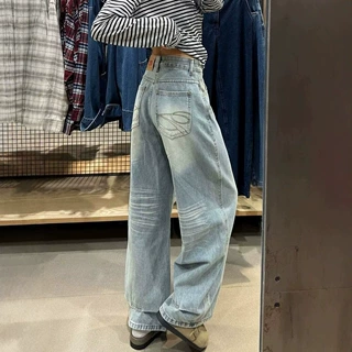 复古蓝色刺绣弯刀阔腿牛仔裤女高腰宽松显瘦阔腿拖地牛仔阔腿裤女