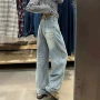显瘦宽松拖地高腰牛仔裤