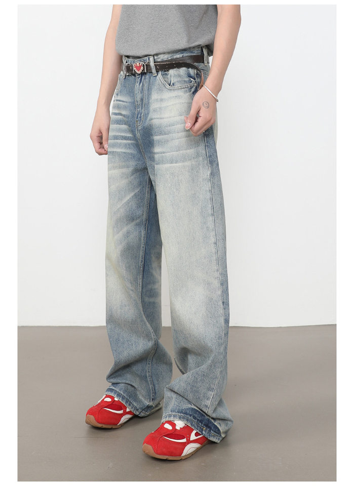 Quần jeans nam ống rộng dáng thẳng lưng giữa, phong cách retro, dài chấm gót — màu xanh chi tiết 7