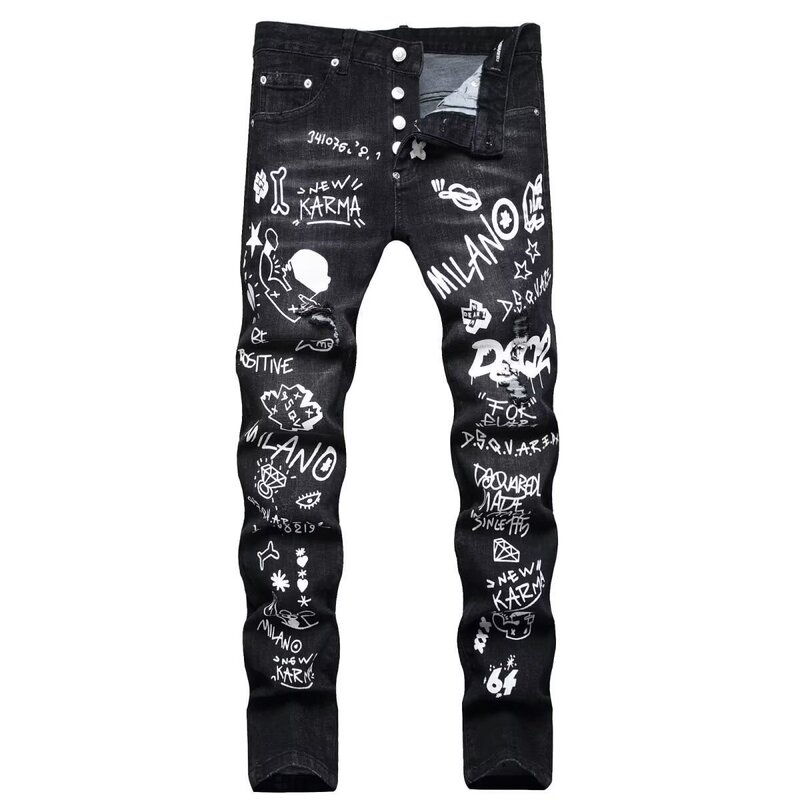 Trendy Cross-Border Jeans with Irregular Line Print, Stretchy Straight-Leg Jeans, High Street Graffiti Slim Fit Men's Skull