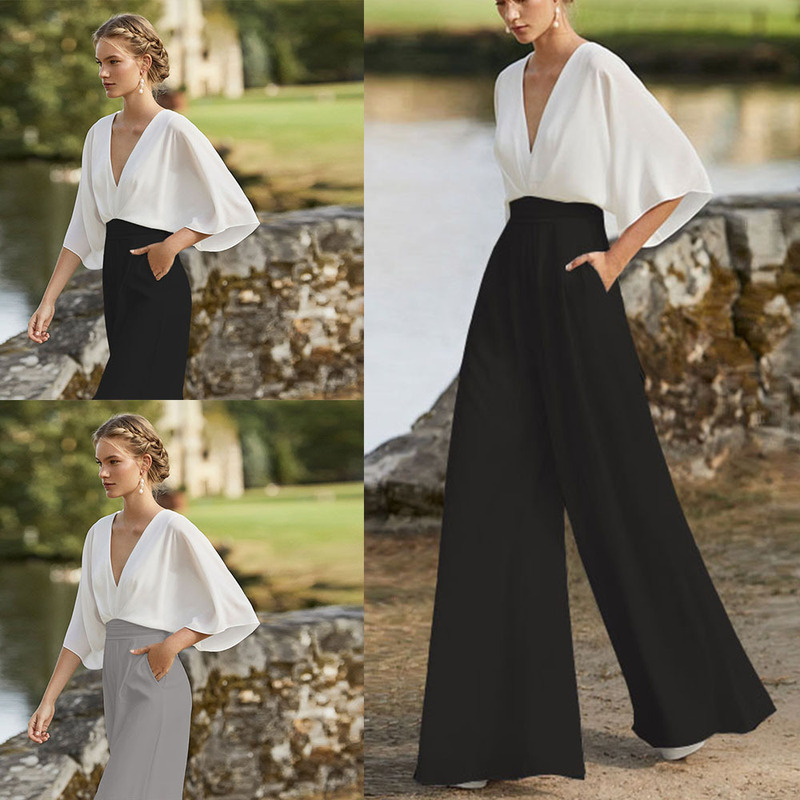 2026 European and American Foreign Trade Women's New Fashion Batwing Sleeve Dress Amazon Hot-Selling Deep V High-Waist Color-Block Jumpsuit 2026 European and American Foreign Trade Women's New Fashion Batwing Sleeve Dress Amazon Hot-Selling Deep V High-Waist Color-Block Jumpsuit