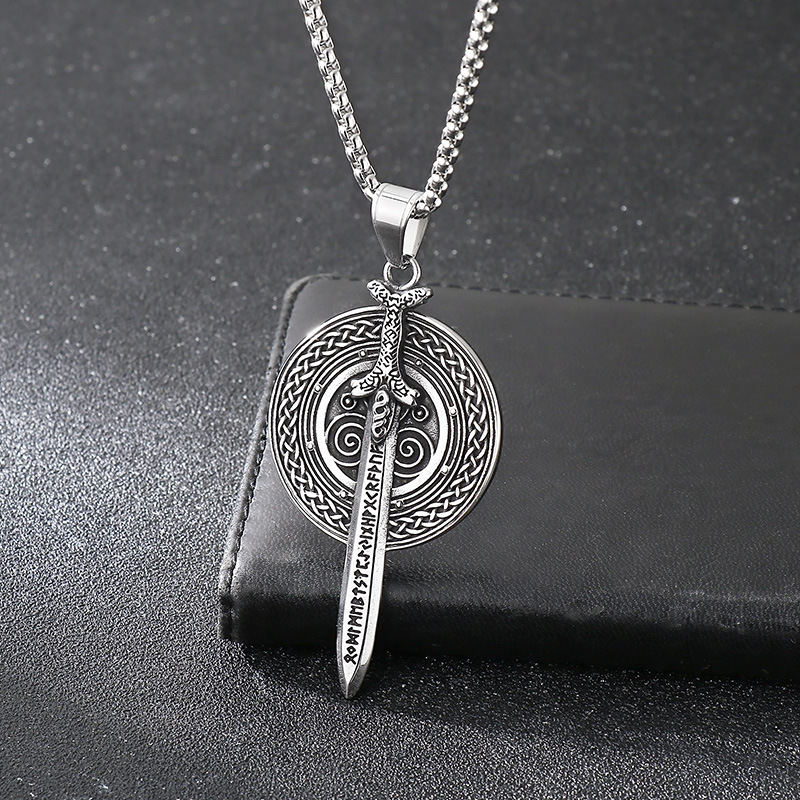 Vintage Nordic Cross Celtic Knot Amulet Ornament Viking Warrior Sword Shield Stainless Steel Men's Pendant_voghion.com