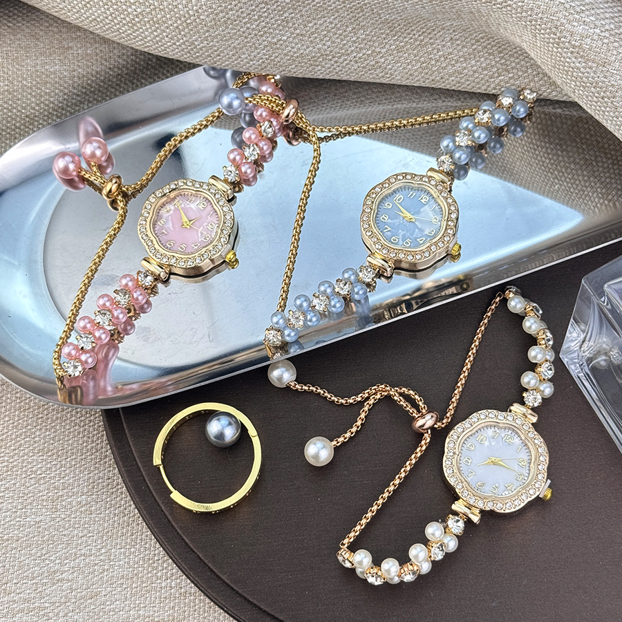 Internet Celebrous New Pearl Full Diamond Sunflower Dial Watch Small Thin Strap Double Row Pearl Pull-out Digital Face Watch