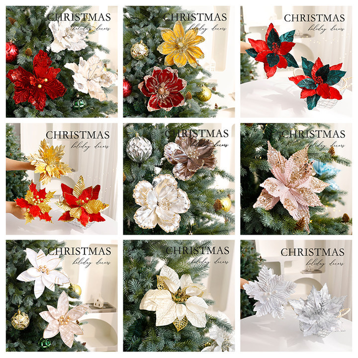 Glitter Floral Christmas Decorations – Shimmering Tulle & Velvet Artificial Flowers For Table Centerpieces & Holiday Styling_voghion.com