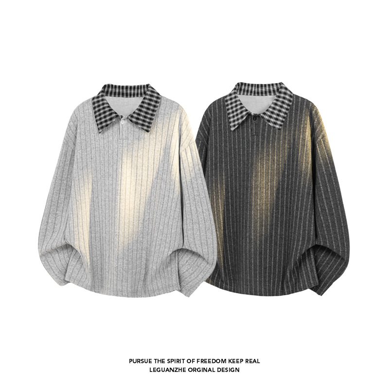T-shirt a maniche lunghe da uomo con colletto risvoltato a quadri in stile coreano, look giovanile e pulito per la primavera, stile americano_voghion.com