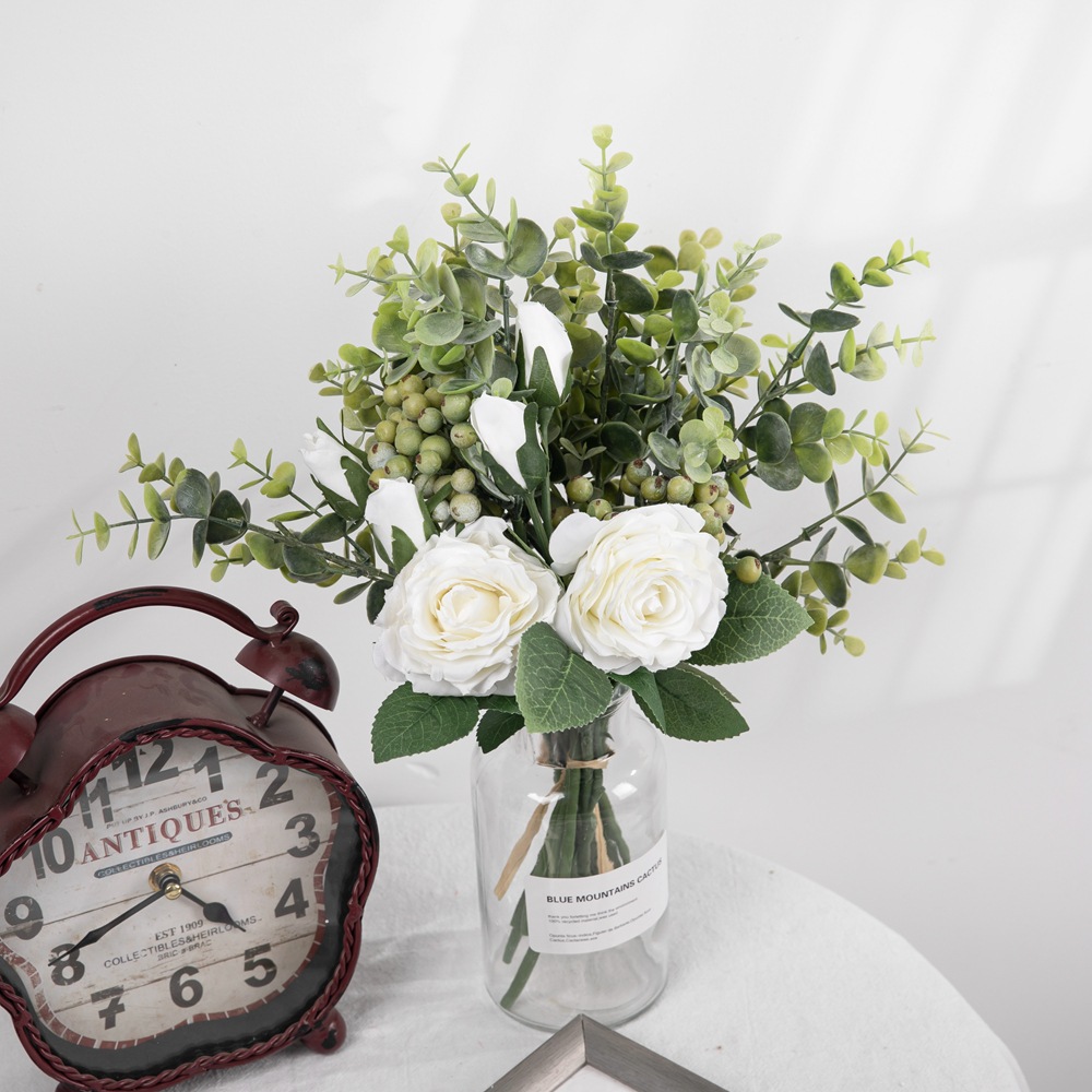 廠家尤加利INS玫瑰花束仿真花家居裝飾跨境婚慶批發DY1-2299