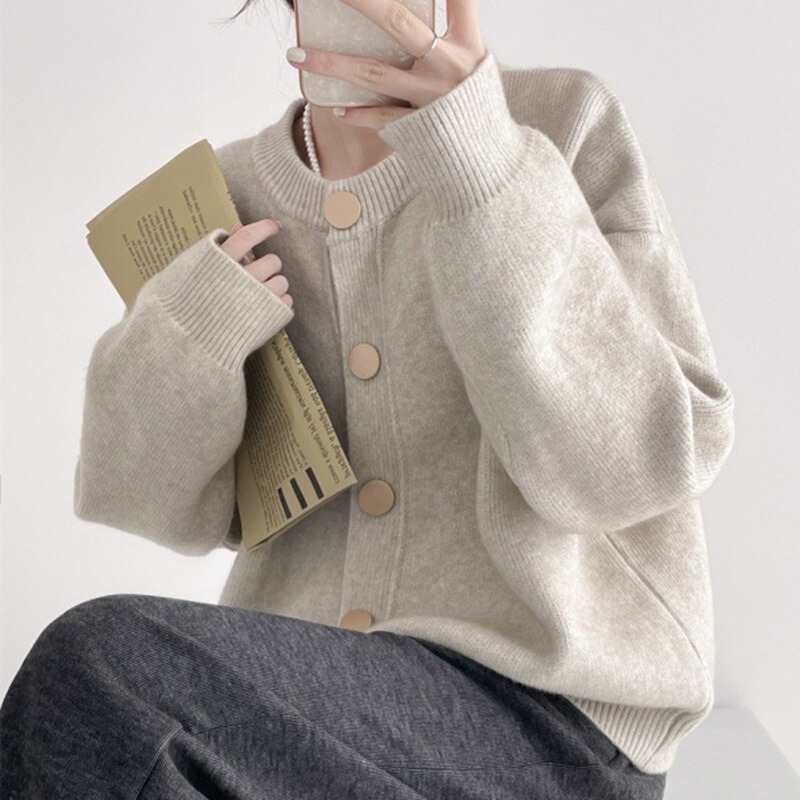 2024 autumn and winter new high sense single breasted solid color knitted sweater coat cardigan lazy loose round neck top