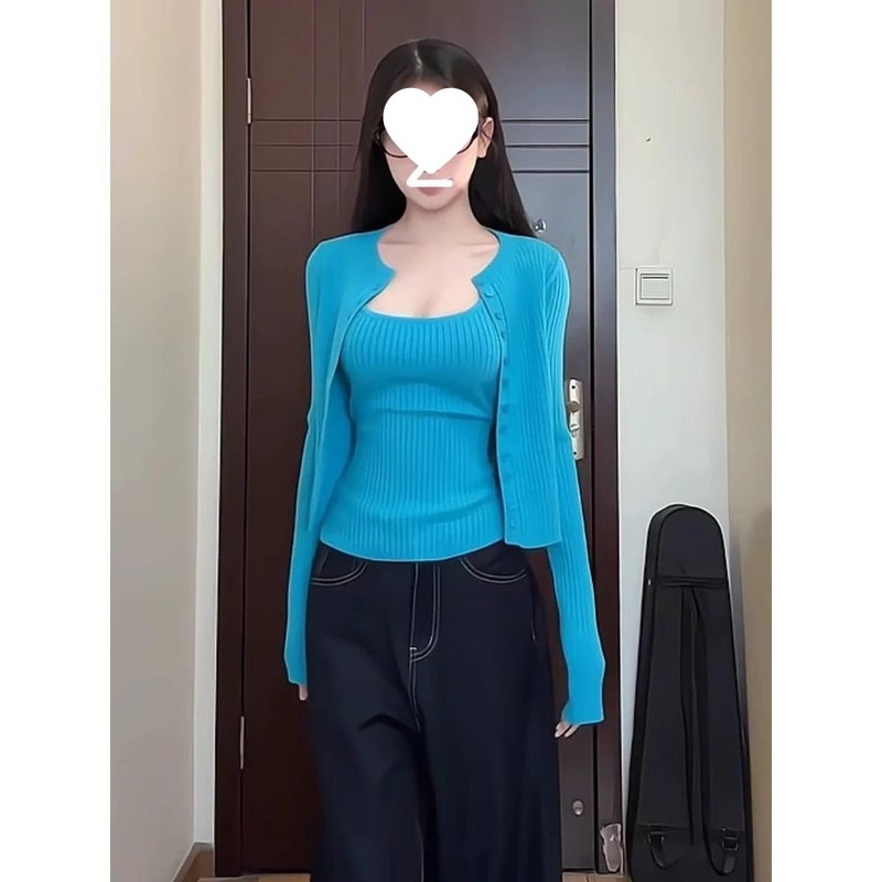 韩系减龄套装女春秋新款长袖纽扣宽松针织开衫纯色修身内搭两件套|undefined