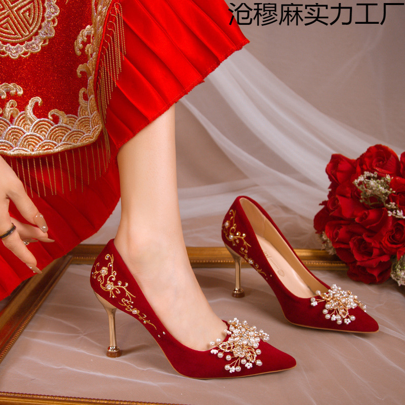 高跟鞋新款鞋红色秀禾婚鞋婚纱珍珠绣花鞋两穿婚庆女鞋子锦锦高跟|undefined