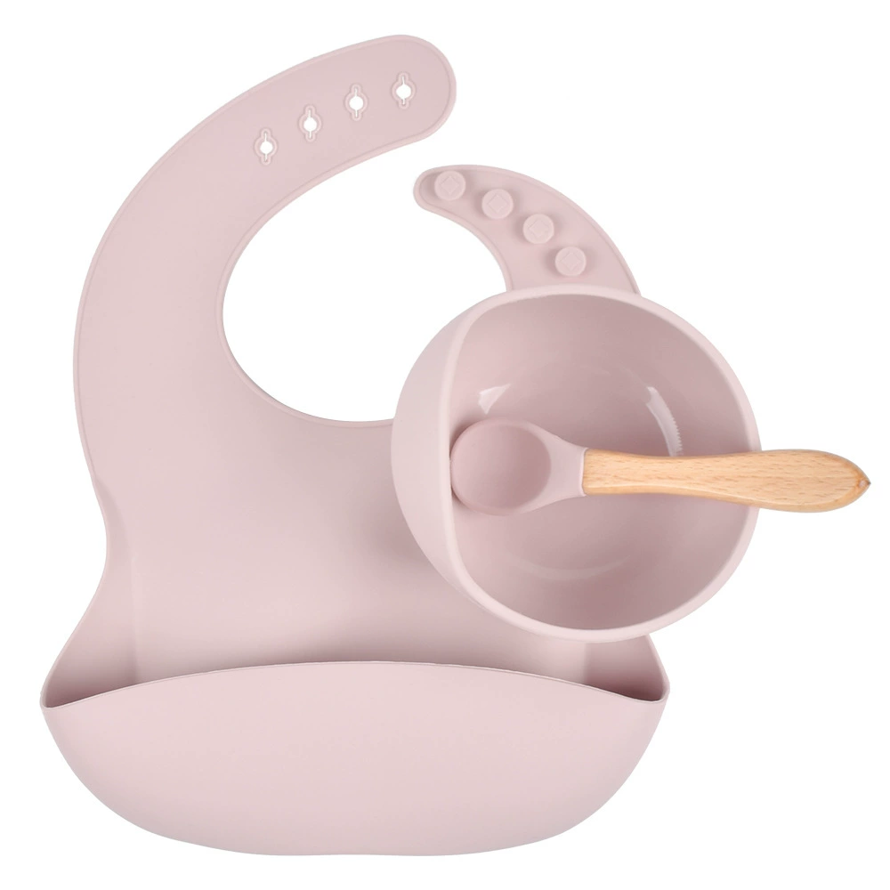 Silicone children's tableware set — bib, bowl and spoon with suction base, multi-color