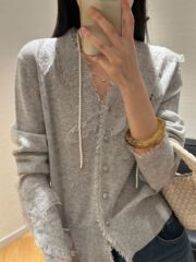 港米欧洲站25早秋细腻软糯100羊毛针织毛边钩花亮钻V领女人味开衫
