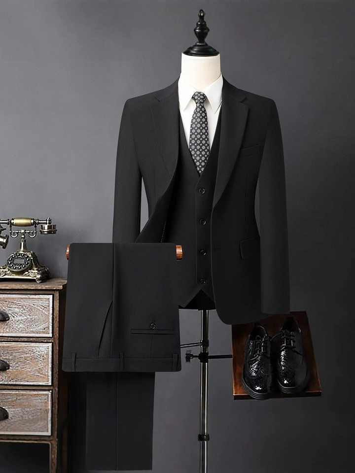 Bộ vest nam ba món vải co giãn bốn chiều, ve áo rộng, dáng ôm, phong cách công sở — Màu xanh tím than, màu xám, màu đen