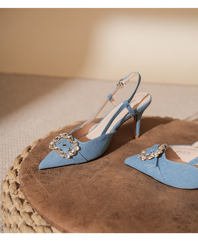 7755-5 Denim Blue Style Belt Buckle Closed Sandals Front Open Back Thin Heel High Heels Commuting_voghion.com
