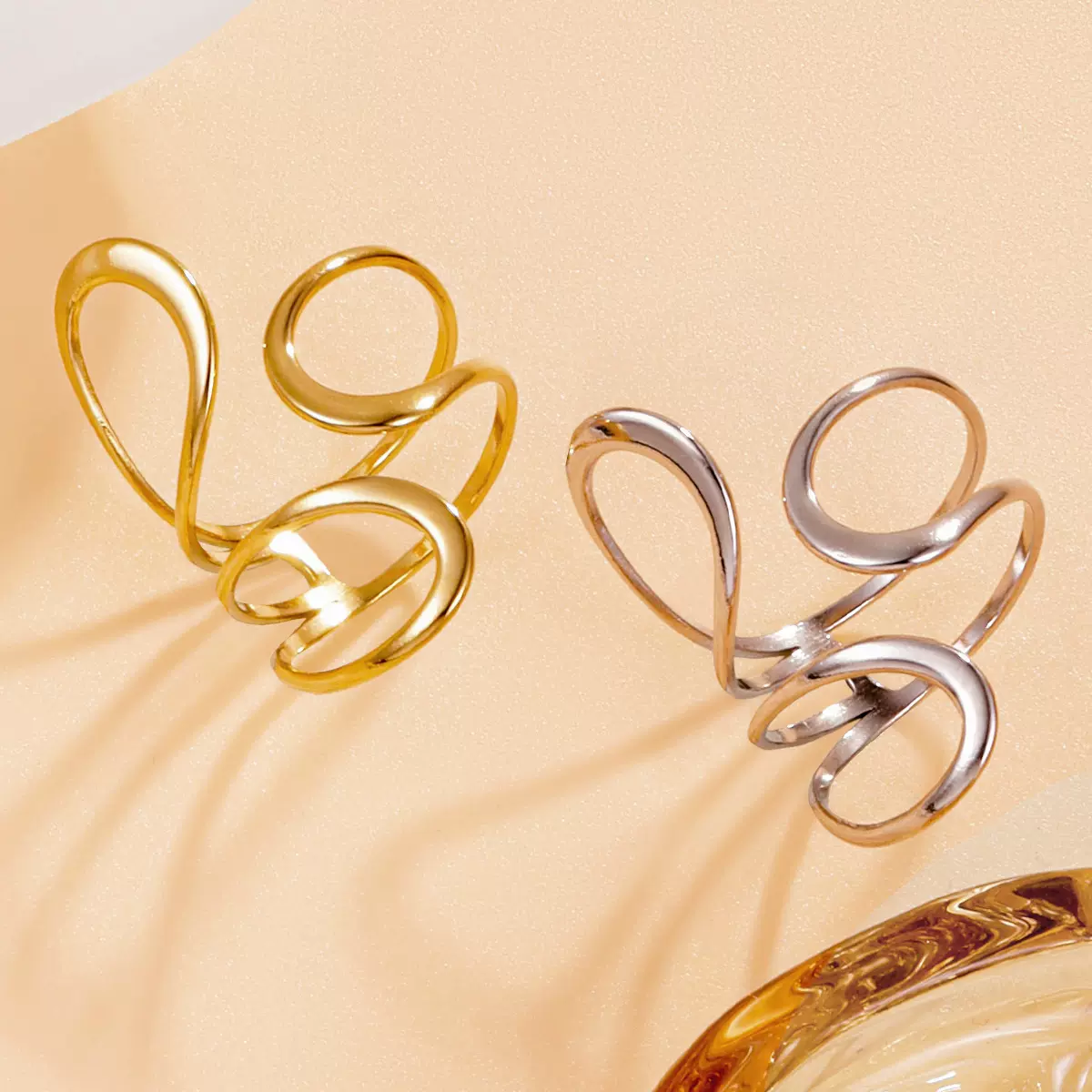 跨境百搭ins风镂空几何水滴形开口不锈钢戒指油压真空镀18K金饰品